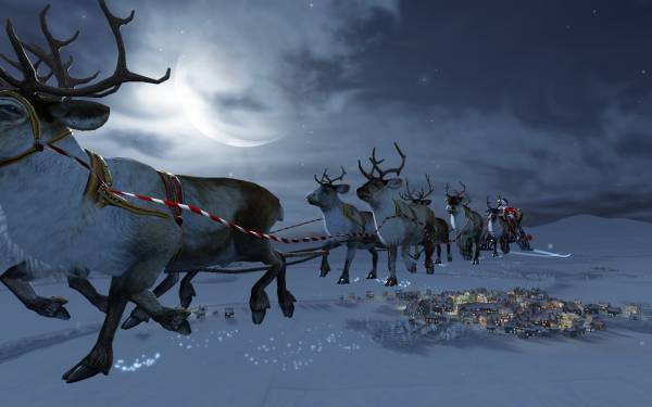 Дед Мороз в санях с оленями летит дарить подарки обои для рабочего стола