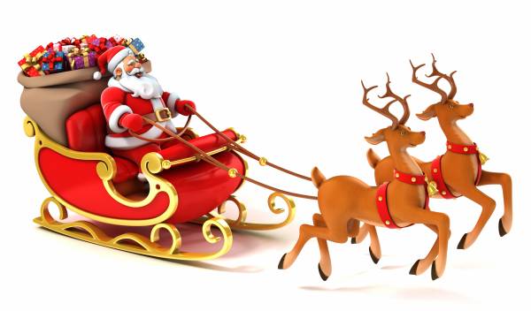 Деда Мороза с подарками на санях везут олени обои для рабочего стола