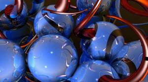 Обои голубые шары 3D с красными извивающимися дугами на рабочий стол
