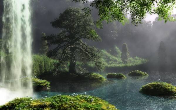 водопад река лес зелень ветки деревья обои для рабочего стола