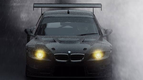 черная BMW под дождем, фары, гонка, ливень обои для рабочего стола
