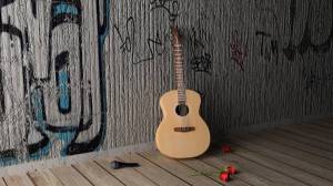 Обои Акустическая гитара возле стены, микрофон и розы на рабочий стол
