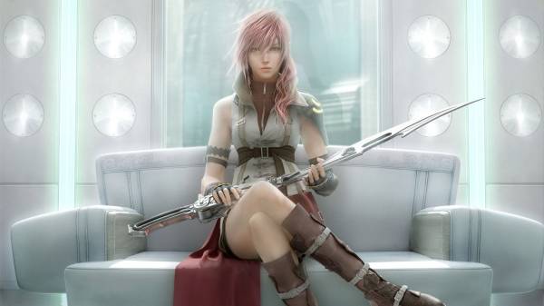Final Fantasy девушка с оружием сидит на диване обои для рабочего стола