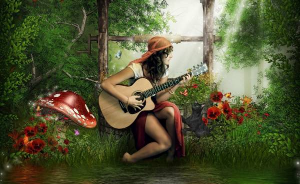 девушка играет на гитаре сказка природа обои для рабочего стола