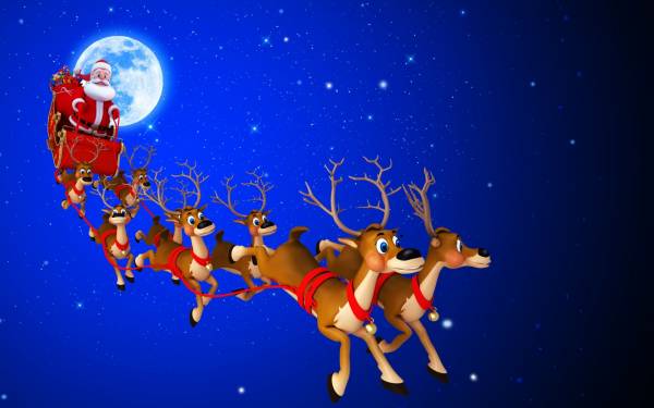 Санта в санях с оленями летит дарить подарки детям обои для рабочего стола